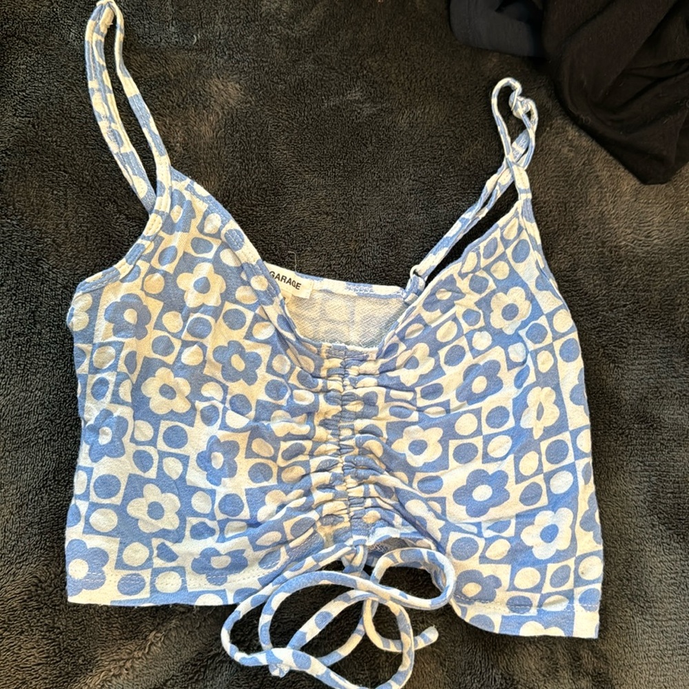 blue and white garage crop top